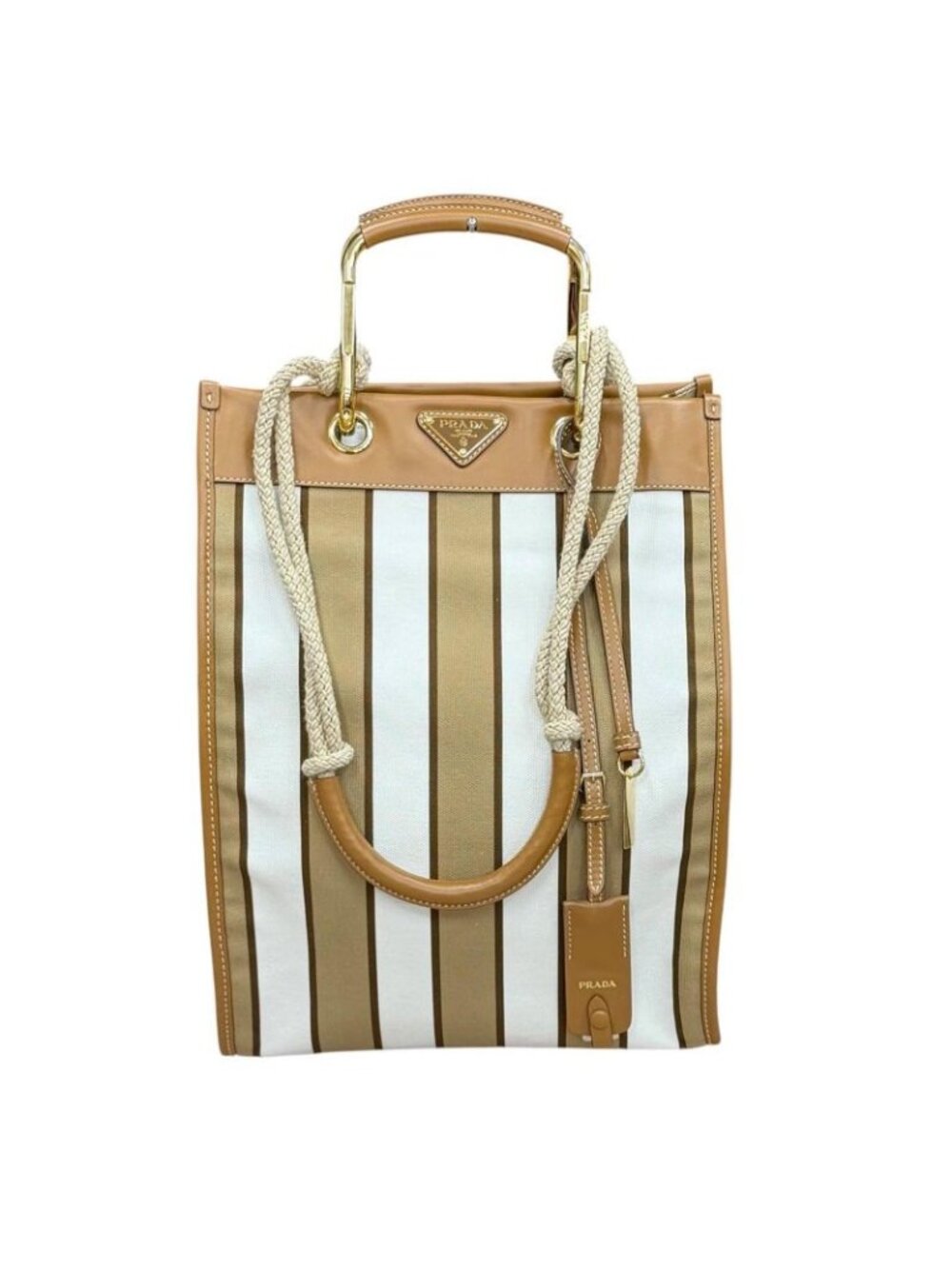 Prada Triangle Logo Stripe Leather Canvas Tote Brown White - Picture 1 of 14